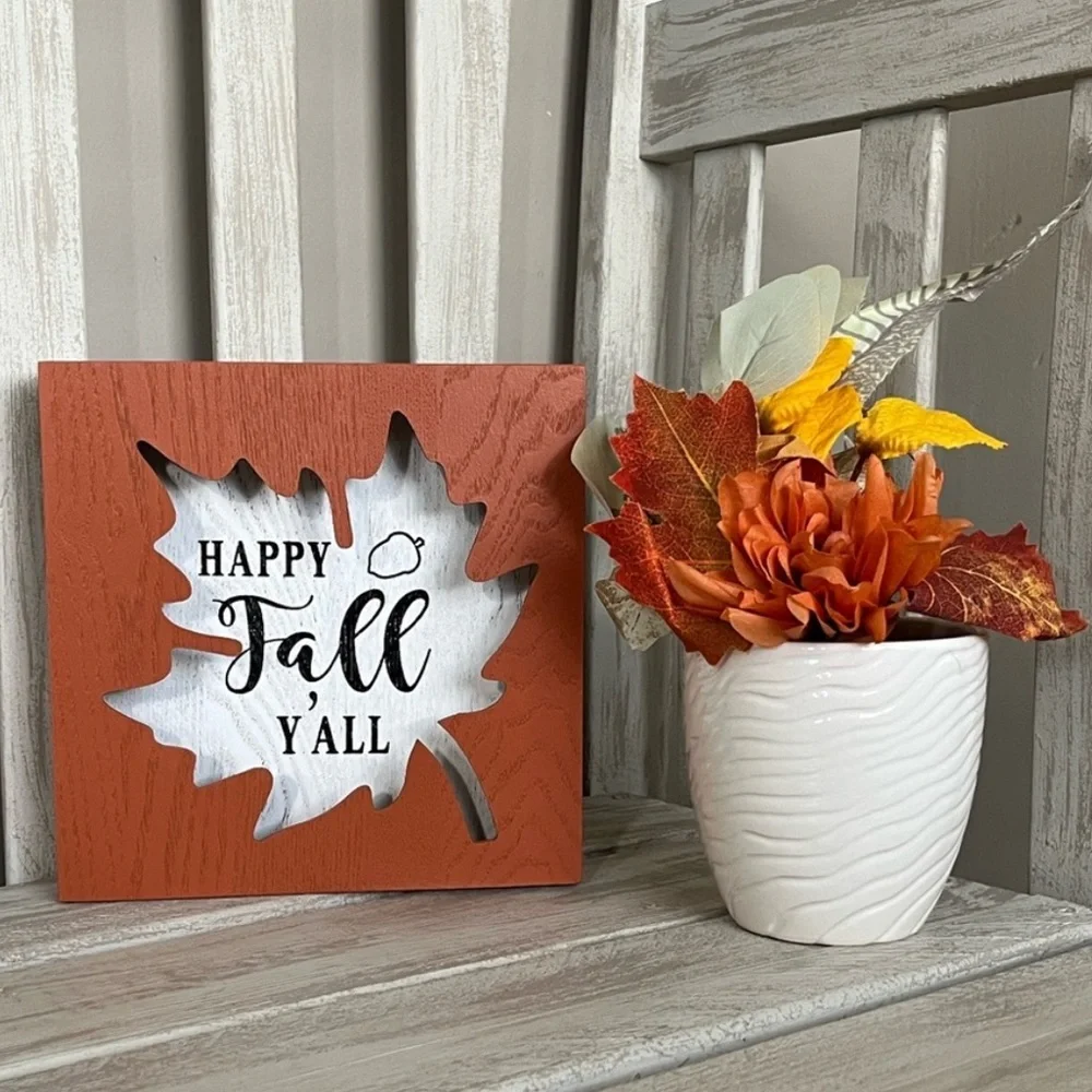 Fall Leaf 'Happy Fall Y’all ' Wooden Decor Sign & Floral 🍃🆕🍃